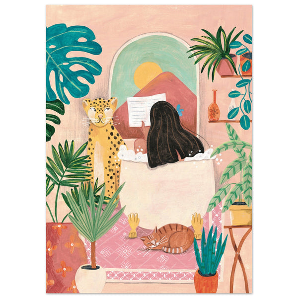 Poster: Woman taking bath in pink tropical bathroom